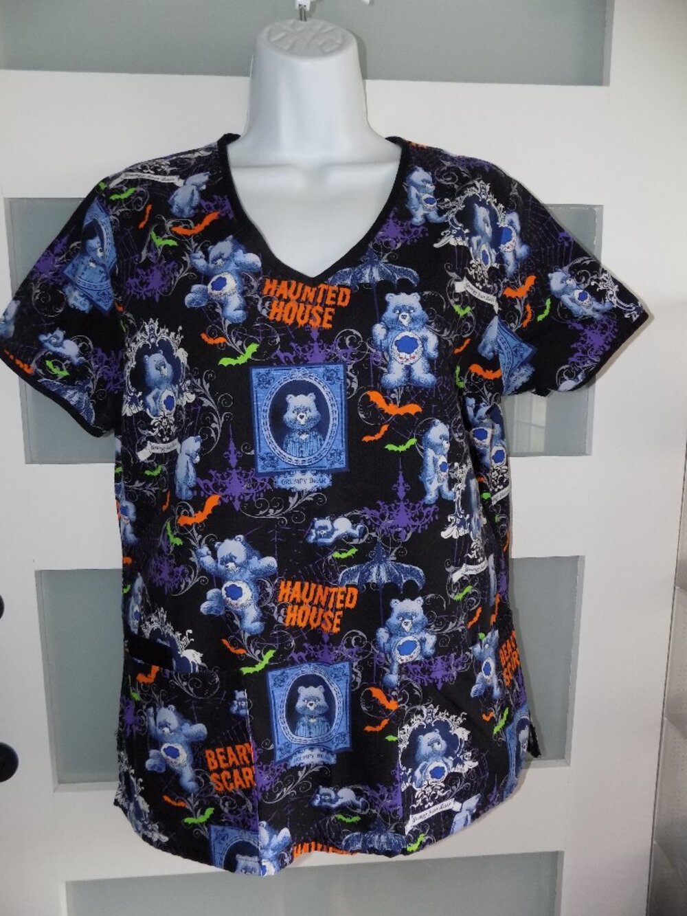Care Bears Grumpy Bear Lair Haunted House SS Scrub Shirt Size S Women's